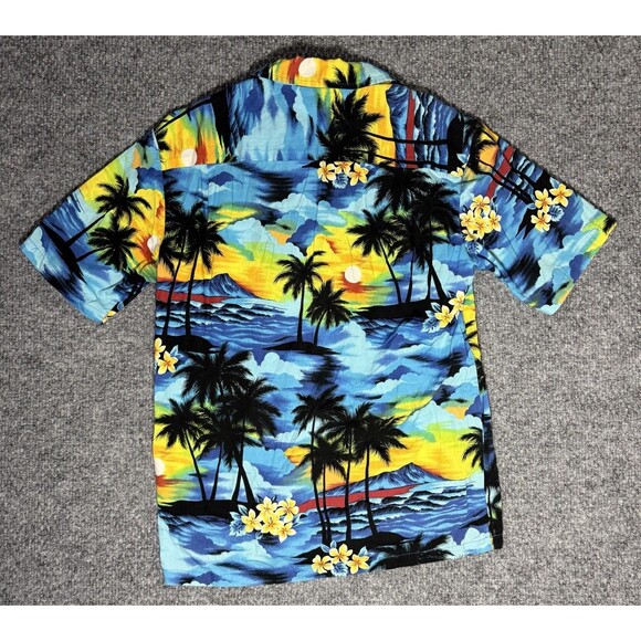 Aloha Republic Hawaiian Shirt Sunset Palm Trees Vintage Blue Men's Size Medium - Picture 2 of 4